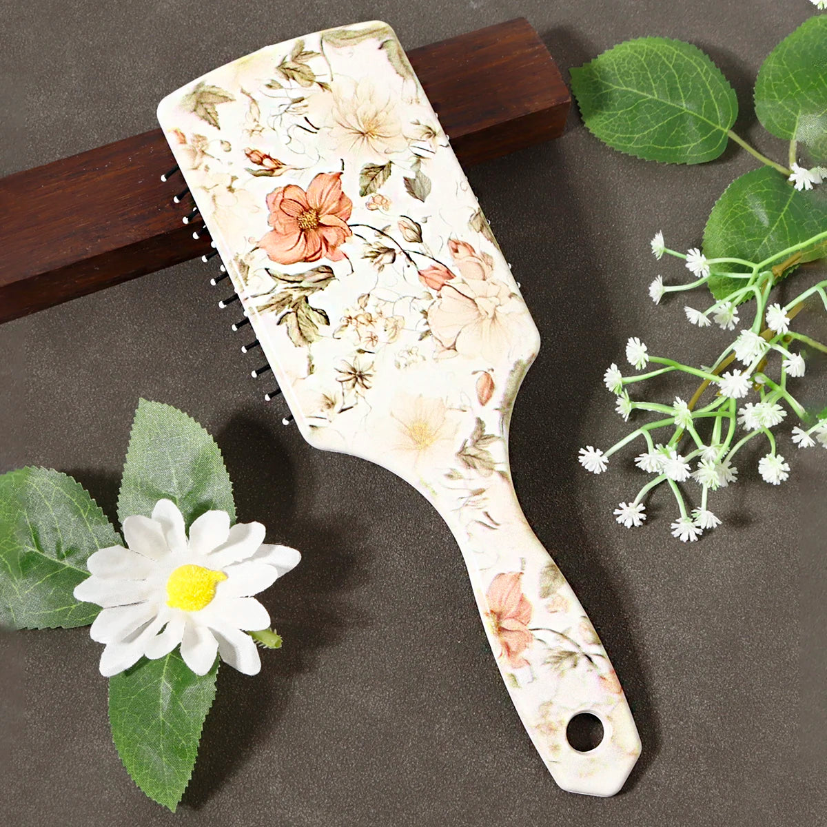 Hair brush with floral pattern, anti-static nylon hair brush, durable ABS plastic handle, gift, special for real hair wigs