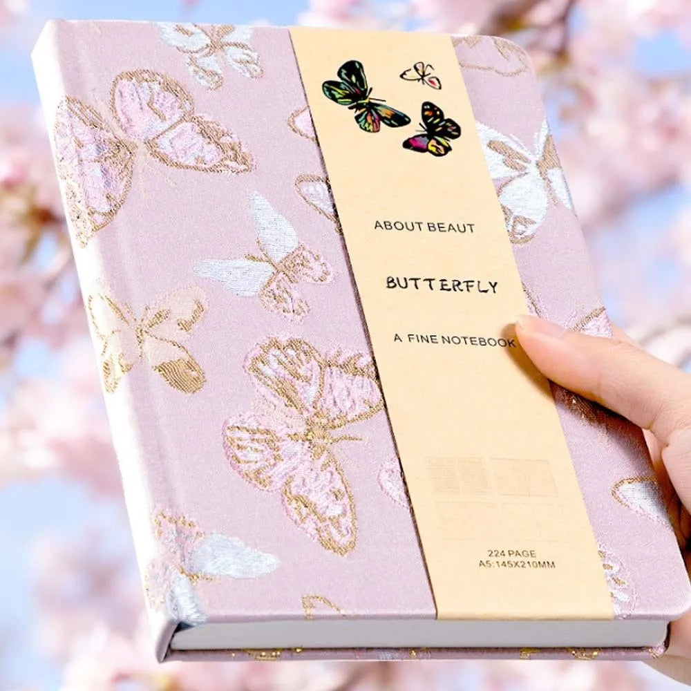Leather Embroidered Flower Notebook A5 Anti-splash Water Butterfly Journal Book Academic Weekly Agenda Efficient