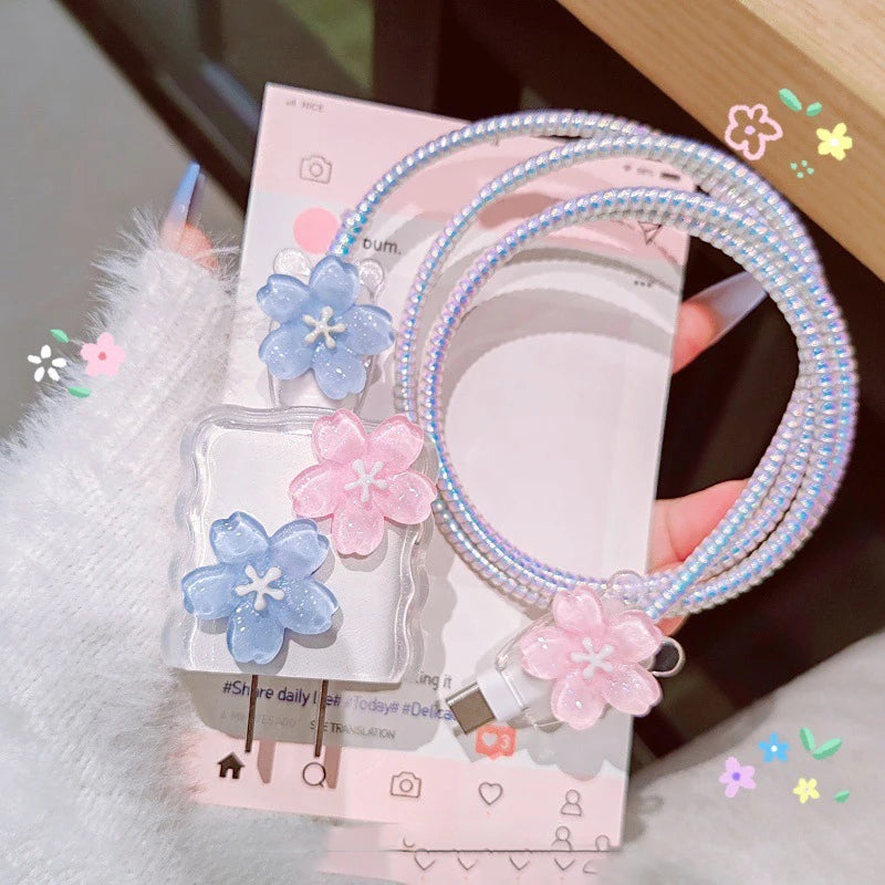 Secure Your iPhone Power Adapter with Transparent Flower 20W USB Charger Case and Cord Winder.