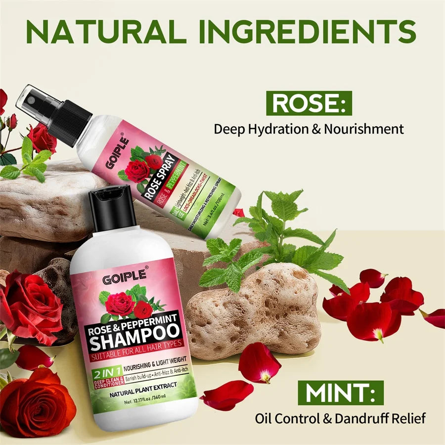 Rose Peppermint Shampoo & Rose Hair Care Spray Moisturizing and Nourishing Conditioning Hair Products Christmas Gifts for Women