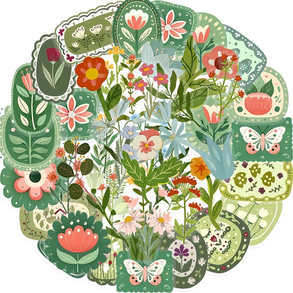 10/30/50pcs Vintage Floral Plant Cartoon Stickers Aesthetic Waterproof Graffiti Stationery Diary Planner Retro Decoration Decals