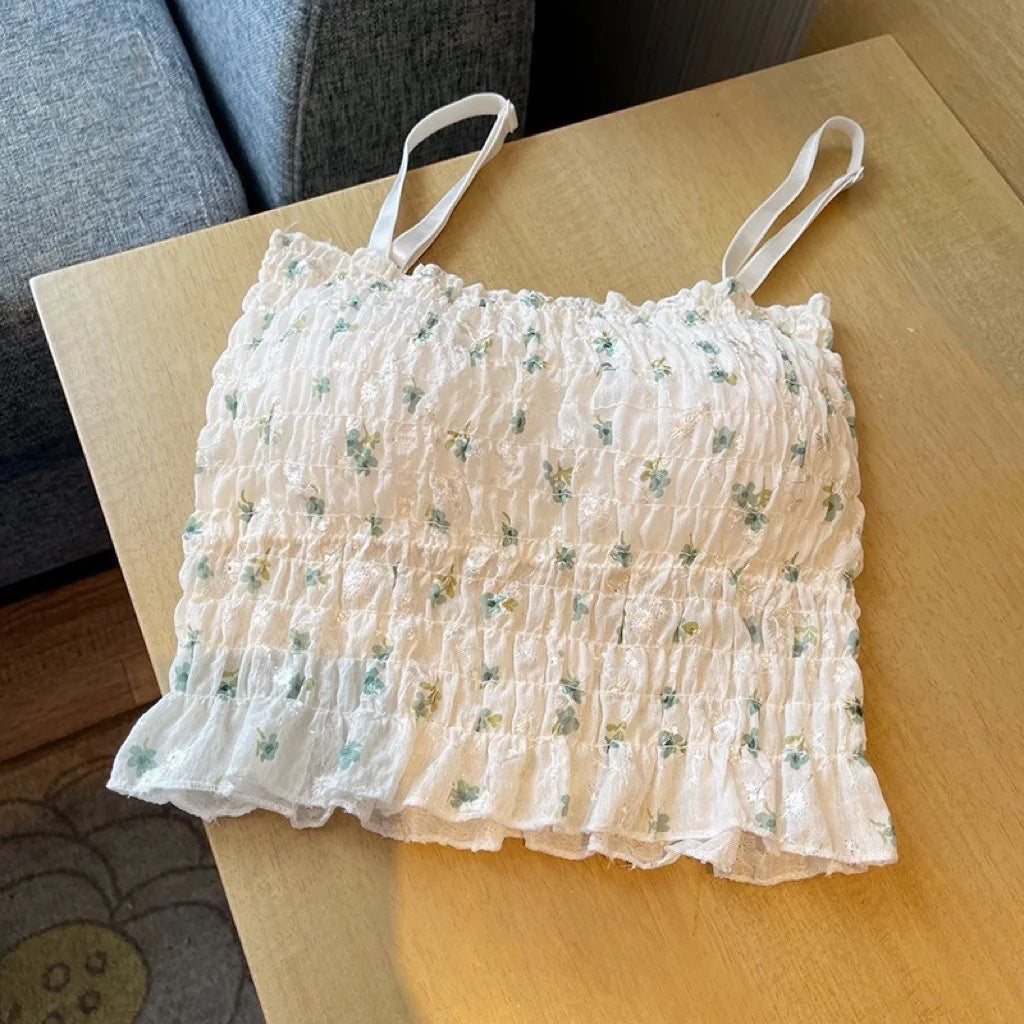 Floral Printed Camisole Woman Summer Sweet Spaghetti Strap Tank Top Female with Built In Bra Corset Women Vest with Padded