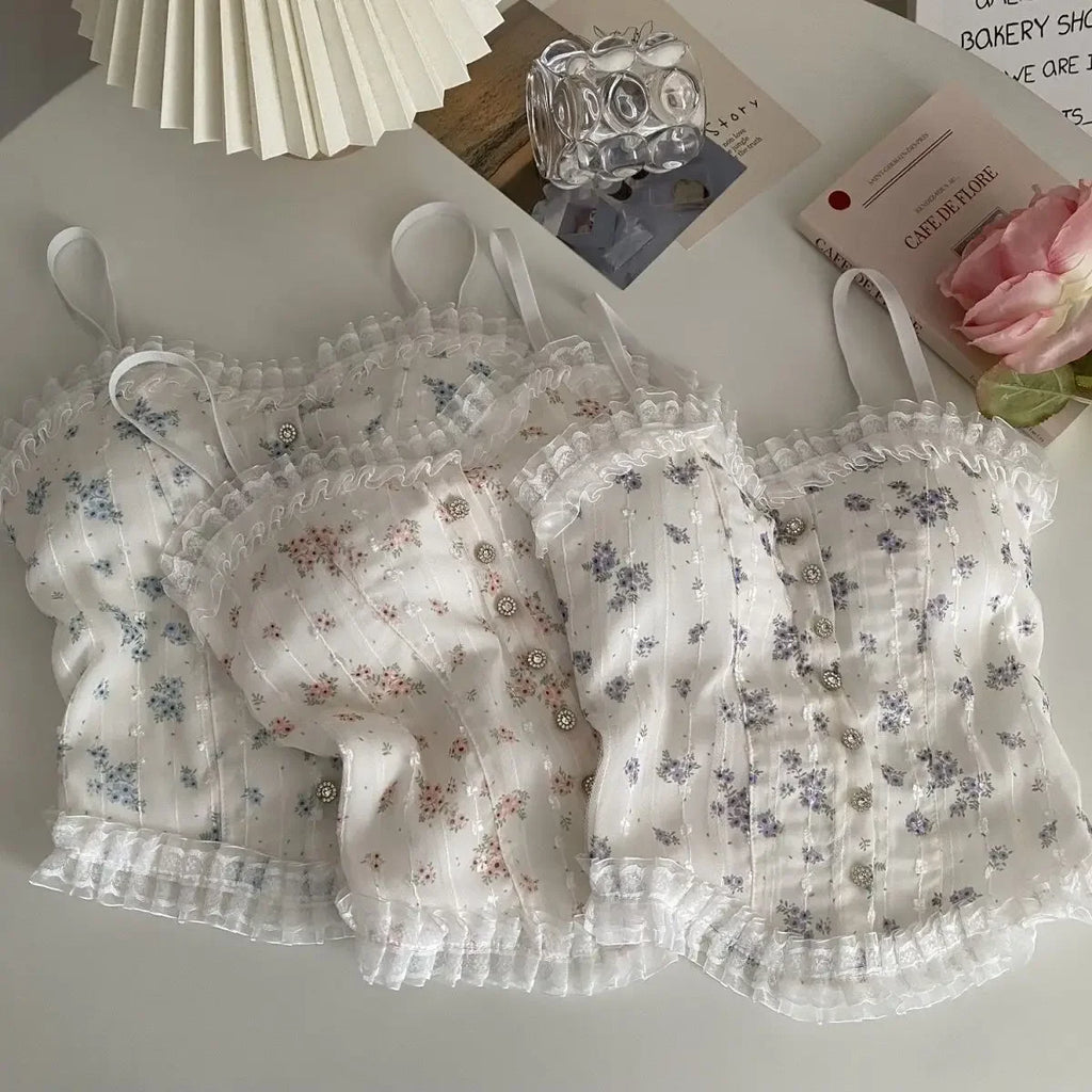 Y2k Tops French Floral Wood Ear-hem Camisole Women's Outer Wear with Breathable Lace Back-beautiful Underwear for Summer