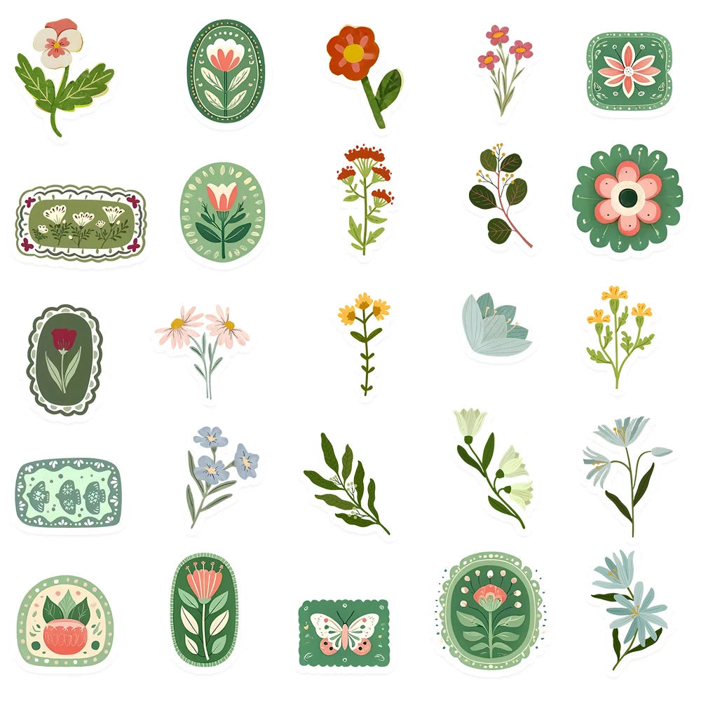 10/30/50pcs Vintage Floral Plant Cartoon Stickers Aesthetic Waterproof Graffiti Stationery Diary Planner Retro Decoration Decals