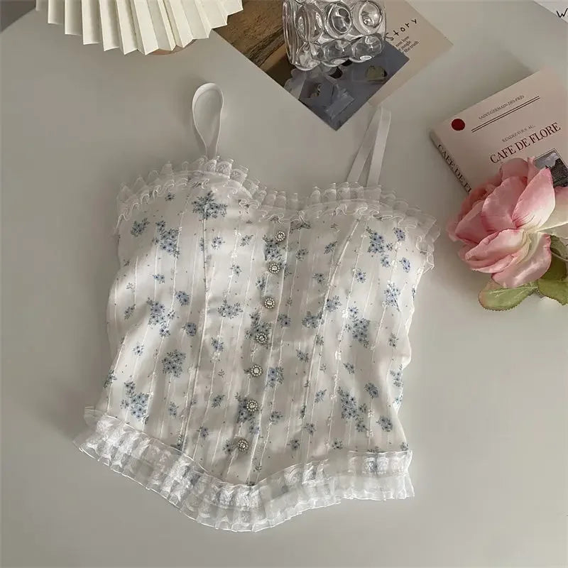 Y2k Tops French Floral Wood Ear-hem Camisole Women's Outer Wear with Breathable Lace Back-beautiful Underwear for Summer