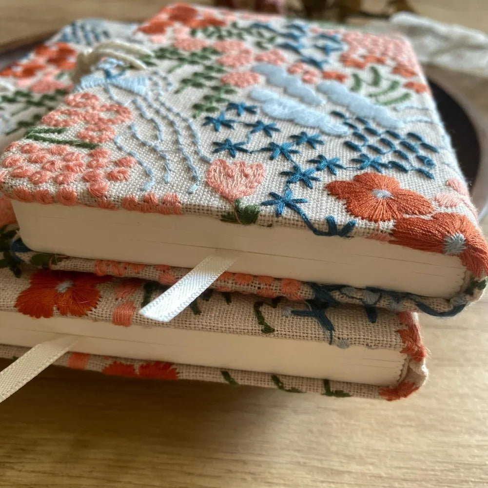 Korean Flower Embroidered Notebook Cute Cotton Shell Sketchbook Planner Journal A5 Paper Page 180 Kawaii Stationery Office Gift