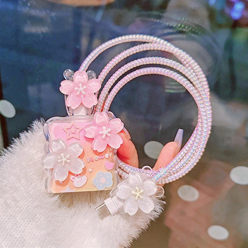 Secure Your iPhone Power Adapter with Transparent Flower 20W USB Charger Case and Cord Winder.