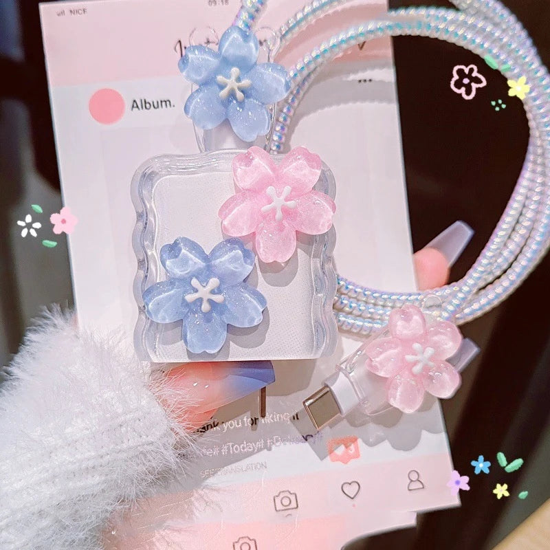 Secure Your iPhone Power Adapter with Transparent Flower 20W USB Charger Case and Cord Winder.