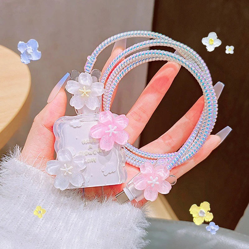 Secure Your iPhone Power Adapter with Transparent Flower 20W USB Charger Case and Cord Winder.