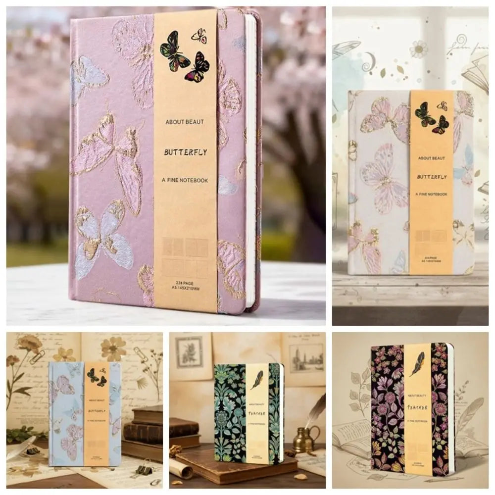 Leather Embroidered Flower Notebook A5 Anti-splash Water Butterfly Journal Book Academic Weekly Agenda Efficient