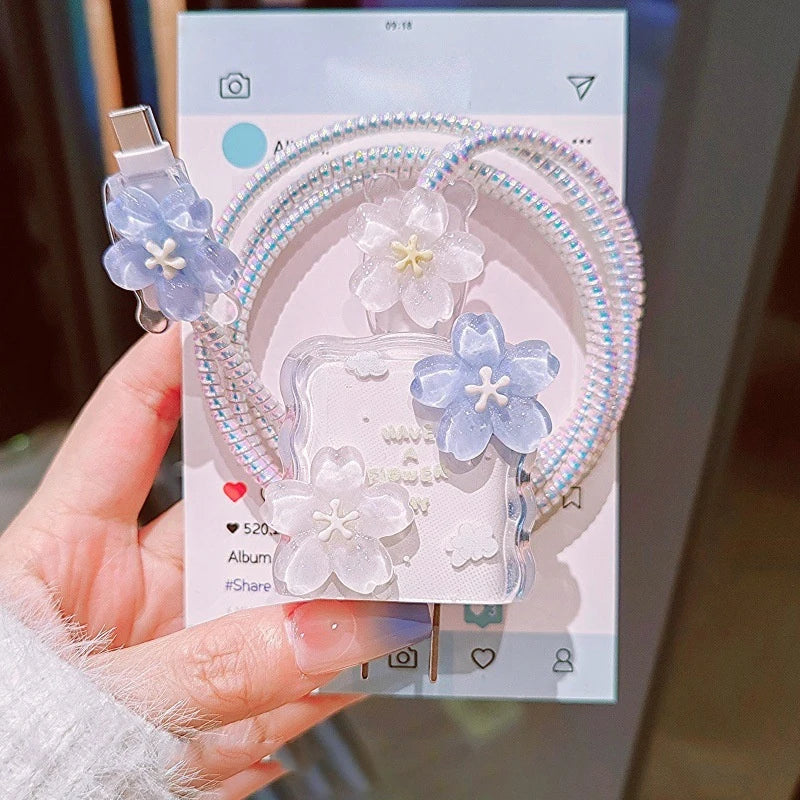 Secure Your iPhone Power Adapter with Transparent Flower 20W USB Charger Case and Cord Winder.
