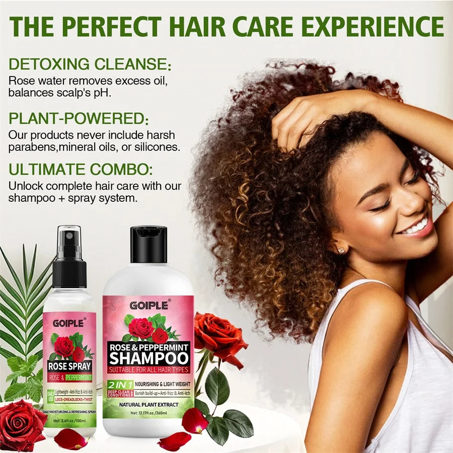 Rose Peppermint Shampoo & Rose Hair Care Spray Moisturizing and Nourishing Conditioning Hair Products Christmas Gifts for Women