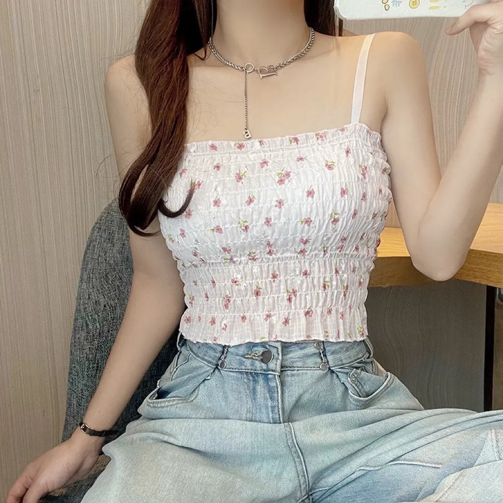 Floral Printed Camisole Woman Summer Sweet Spaghetti Strap Tank Top Female with Built In Bra Corset Women Vest with Padded