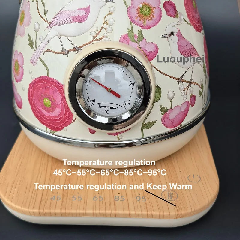 1850W Retro Pink Flowers Electric Kettle Temperature Control Boiling Kettle 304 Stainless Steel Keep Warm Electric Teapot 1.7L