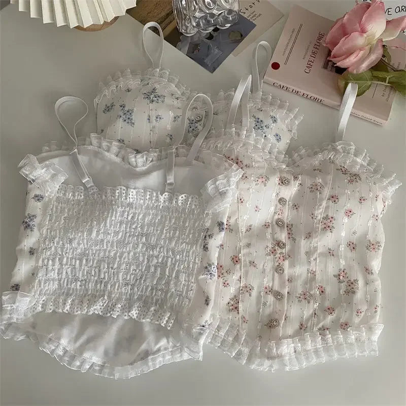 Y2k Tops French Floral Wood Ear-hem Camisole Women's Outer Wear with Breathable Lace Back-beautiful Underwear for Summer