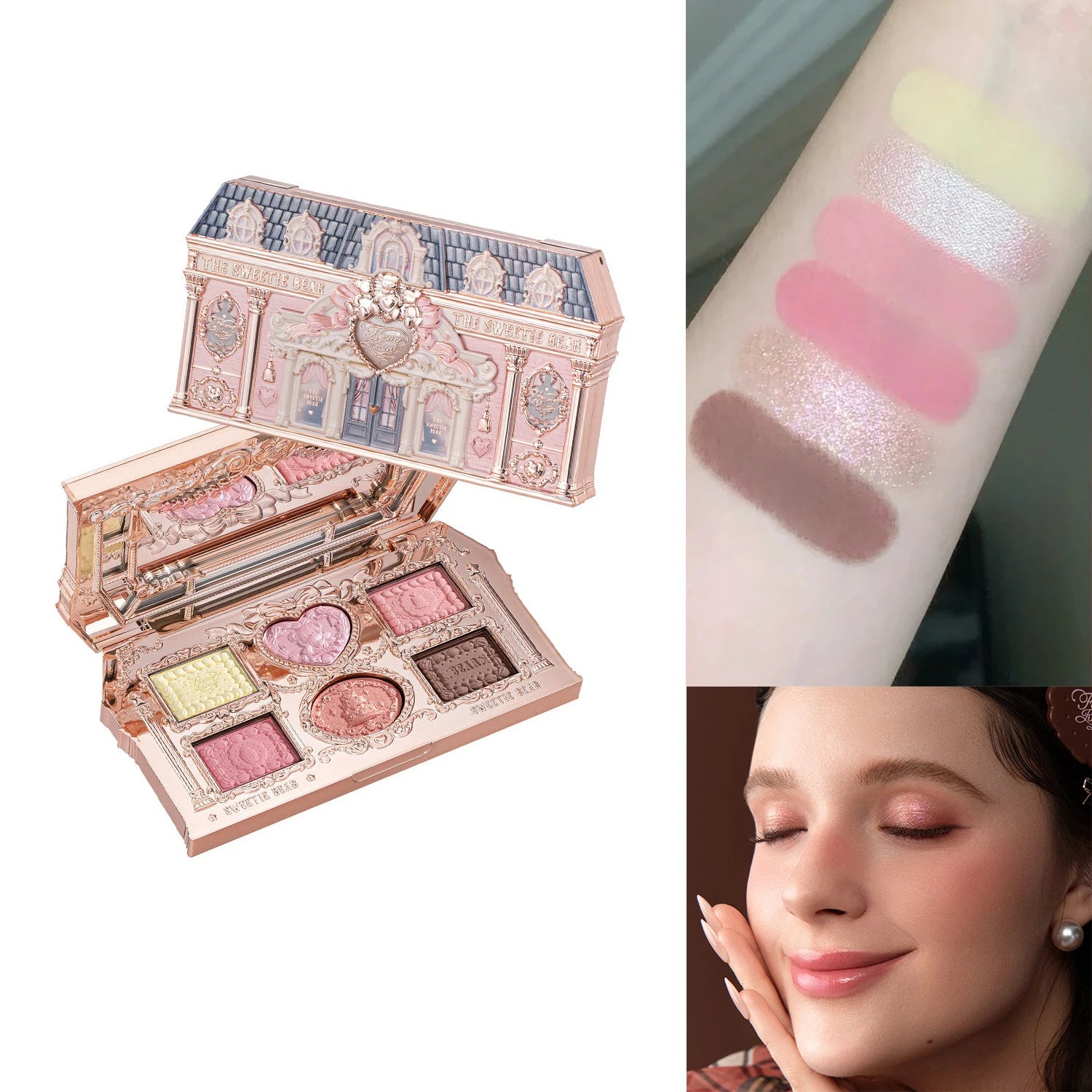 Flower Knows Sweetie Bear 6 Color Eyeshadow Palette Matte Shimmer Glitter Vegan Cruelty Free Waterproof High Pigment eyeshadow