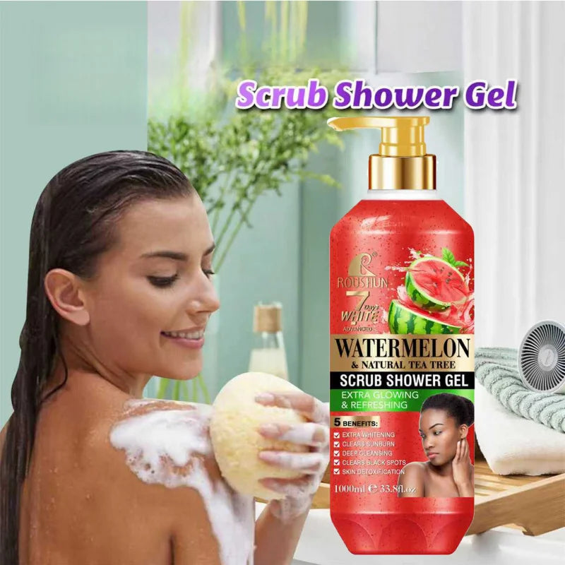ROUSHUN Watermelon SCRUB SHOWER GEL 1000ML Moisturizing and Moisturizing Skin Fragrance Retention Large Capacity Shower Gel