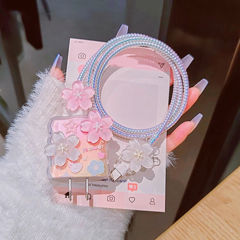 Secure Your iPhone Power Adapter with Transparent Flower 20W USB Charger Case and Cord Winder.