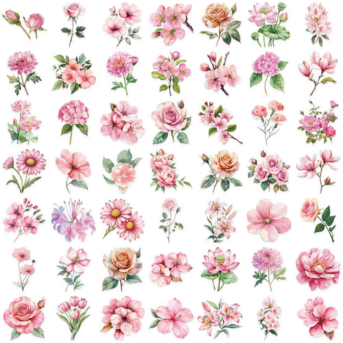 50pcs Pink Floral Stickers Flower Natural Journaling Notebook Water Bottle Decorative Decals Aesthetic Waterproof PET Sticker