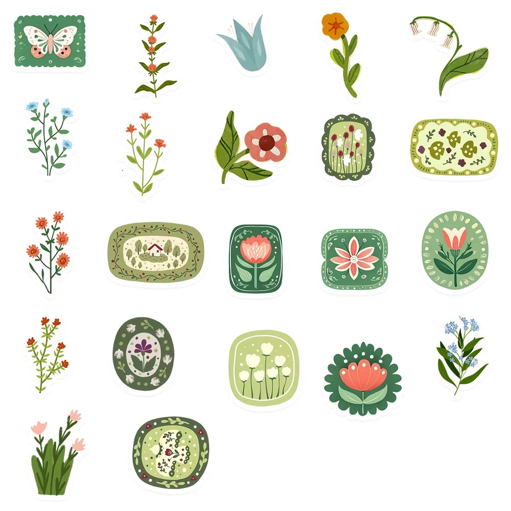 10/30/50pcs Vintage Floral Plant Cartoon Stickers Aesthetic Waterproof Graffiti Stationery Diary Planner Retro Decoration Decals