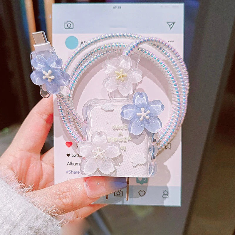 Secure Your iPhone Power Adapter with Transparent Flower 20W USB Charger Case and Cord Winder.