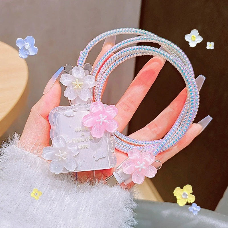 Secure Your iPhone Power Adapter with Transparent Flower 20W USB Charger Case and Cord Winder.