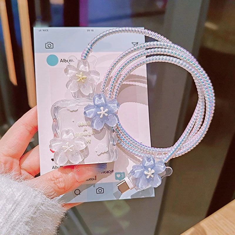 Secure Your iPhone Power Adapter with Transparent Flower 20W USB Charger Case and Cord Winder.