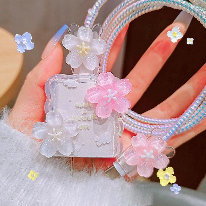 Secure Your iPhone Power Adapter with Transparent Flower 20W USB Charger Case and Cord Winder.